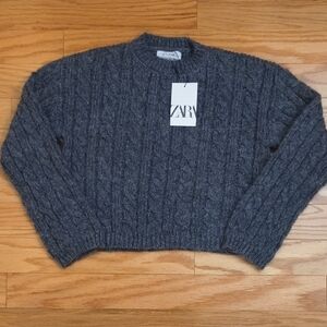 Zara, Charcoal Cable Knit Crewneck Cropped At Waist Sweater, Size 11/12 NWT